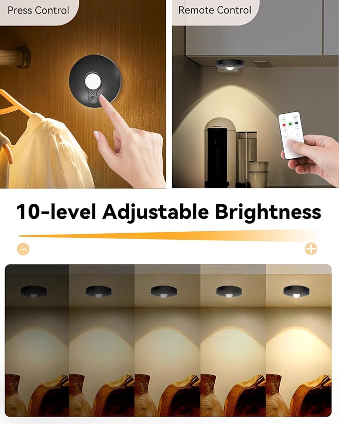 Rechargeable RGB Puck Lights with Remote Control, 1500mAh Battery Operated Push Lights, Dimmable & Timer Under Cabinet Lighting for Closet, Bedroom, Kitchen Black 3Pcs