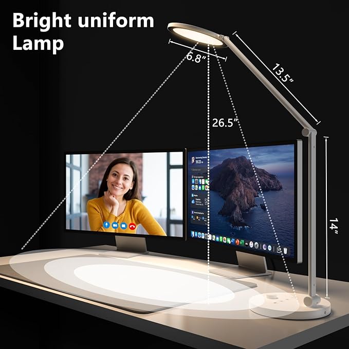 LED Desk Lamp for Home Office, Eye-Caring Modern Desk Light, 3 Color Temperature 10 Brightness Computer Light, Dimmable Desk Light with Memory & Timer Func, Metal Swing Arm Table Lamp (White)