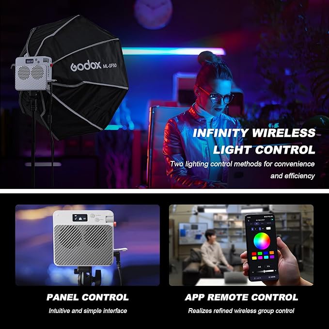 Godox ML100R RGB COB LED Video Light, 110W Full-Color Lamp with Battery & Carry Case, Godox Mount, 1800K-10000K, CRI 97+/TLCI 98+, 14 FX Effects, APP Control for Studio/Streaming/Outdoor Photography