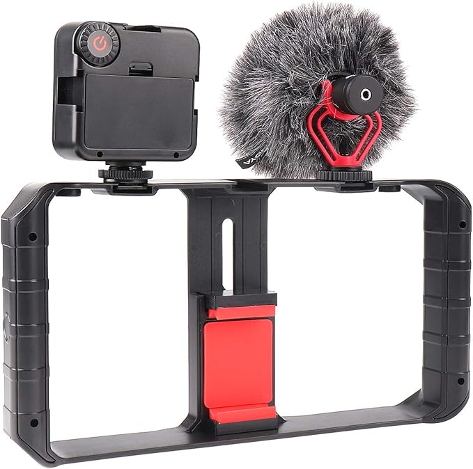 FocusFoto PRO U-Rig Smartphone Video Camera Cage Mount Holder Stabilizer Handle Grip with BOYA by-MM1 Microphone Mic+ 49 LED Light+ Mini Tripod Kit for Mobile Phone iPhone Filmmaking Videomaker