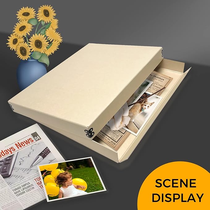 Golden State Art, Archival Storage Box, Acid-Free Drop Front Museum Box with Metal Edge for Storing Artwork Photos Documents Prints Arts and Crafts (Tan-11.75x14.75x1.5 Inches) Pack of 2
