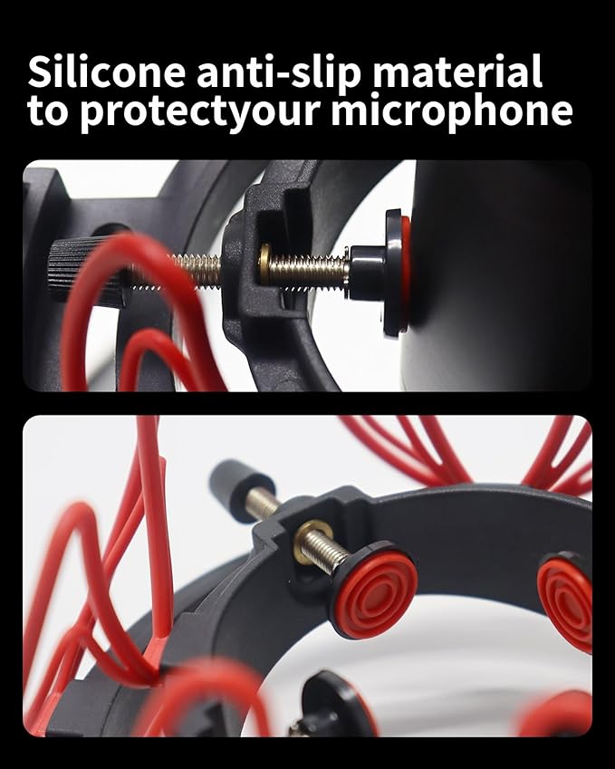 Universal Microphone Shock Mount with Pop Filter for Condenser Microphones Size at 21-62mm Anti-Vibration Mic Holder Clip(Red)