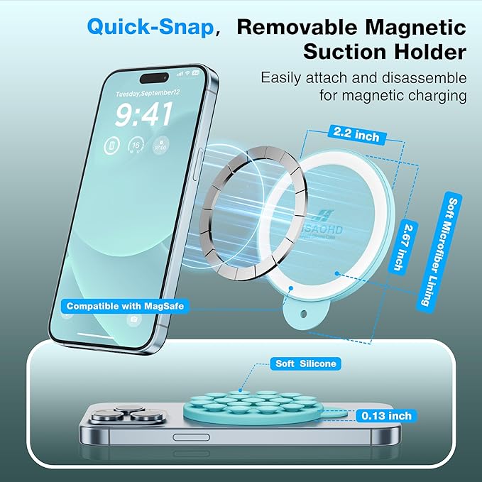 Magnetic Suction Cup Phone Mount, Compatible with MagSafe, Silicone Octo Cup Buddy Sticky Grip Holder for iPhone and Android, Removable Hands-Free Selfie/Video for TikTok, Light Cyan