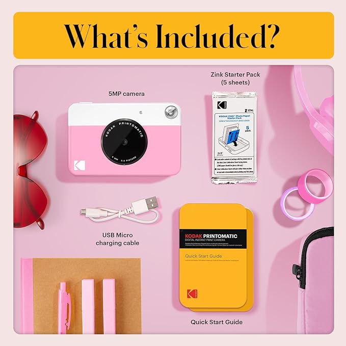 Kodak Printomatic Full-Color Instant Print Digital Camera - 75 Sheets Bundle - Prints On Zink 2x3 Sticky-Back Photo Paper - 5MP, Portable, Creative Fun Gift for Birthday, Christmas, Holiday - Pink