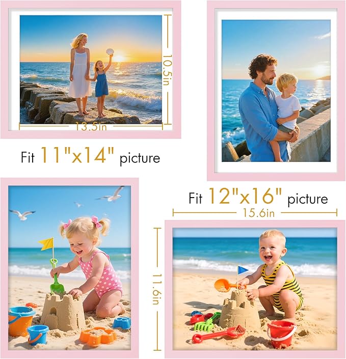 Vittanly 12x16 Picture Frame, Made of Solid Wood and Shatterproof Plexiglass, Display Pictures 11x14 with Mat or 12x16 without Mat, Wooden Photo Frame for Wall Mounting, Pink, 1 Pack