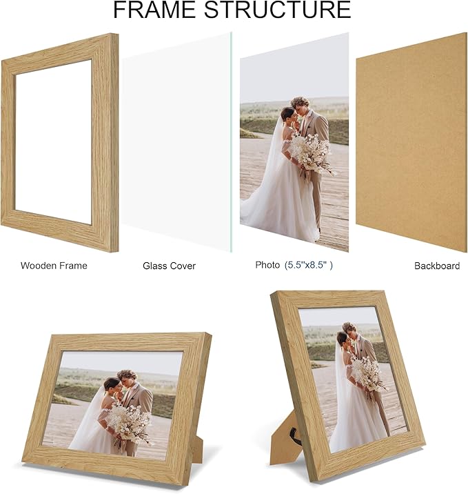 5.5 x 8.5 Diploma Frame Set of 4, Made of Real Glass and Natural Oak Frame, 5.5 by 8.5 Photo for Wall or Tabletop