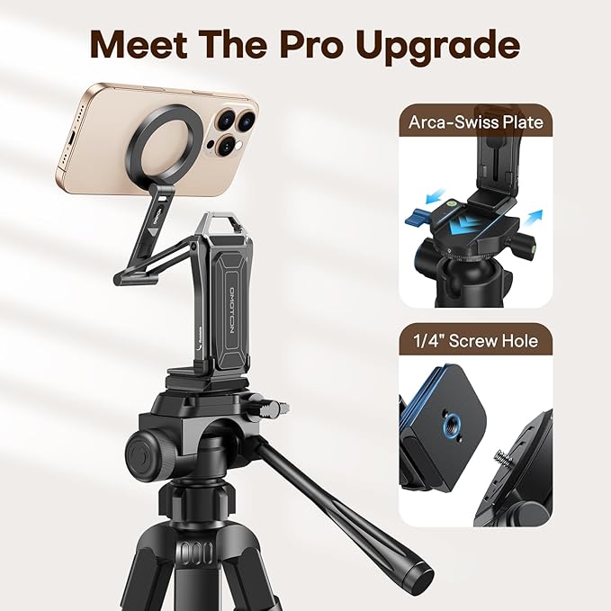 OMOTON 360°Rotating for MagSafe Tripod, New Upgrade with 1/4" Screw Arca, Adjustable Magnetic Phone Tripod for iPhone 17/16/15 Pro Max Air, Foldable Selfie Stick Fits Vlog, Gym, Travel Essentials