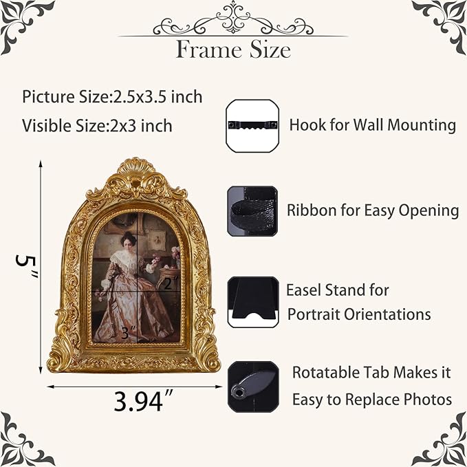 Vintage Picture Frames 2.5x3.5 Ornate Bronze Antique Picture Frames for Wall and Tabletop Vintage Photo Frame Victorian Home Decor Gallery Wall Decor in Arch Shape