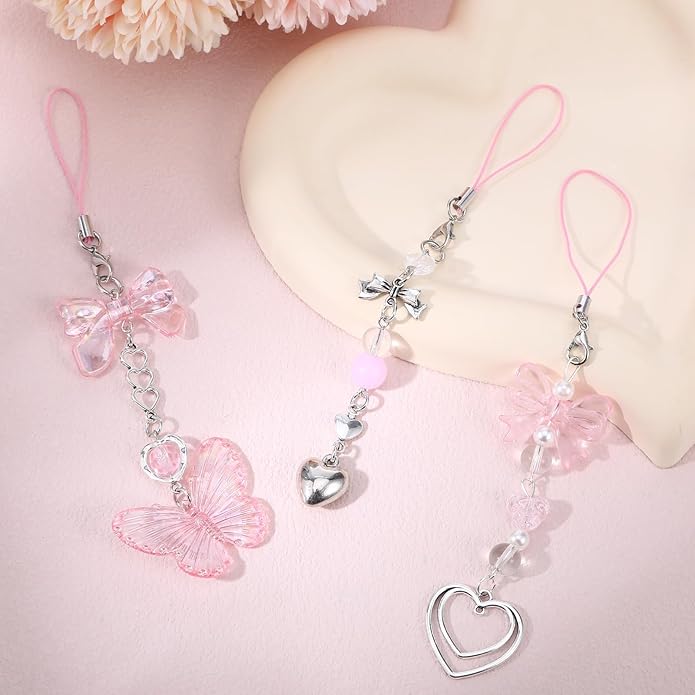 Pink Beaded Phone Wrist Straps, Y2K Phone Case Charms Camera Charm Strap, Lanyard Keychain Wristlet Aesthetic Cellphone Charm