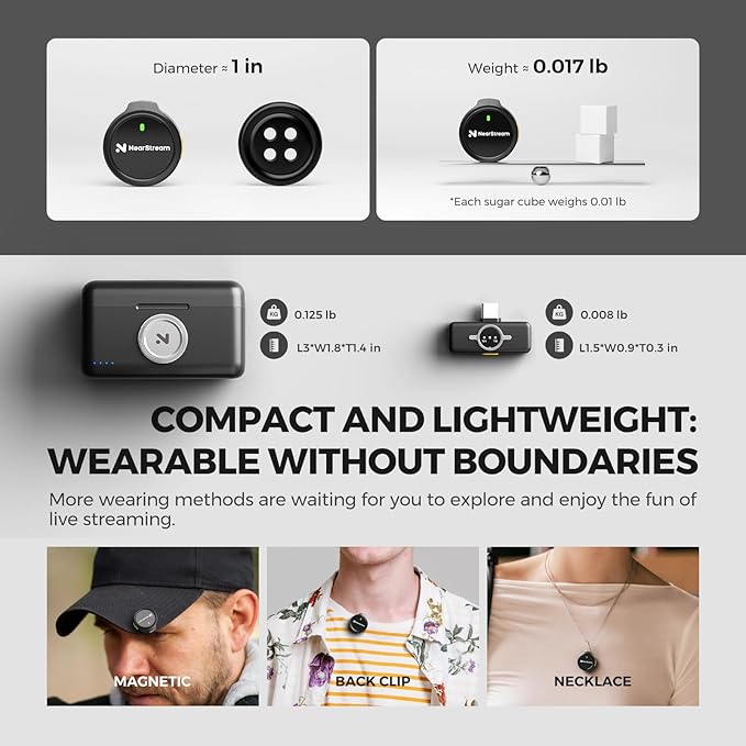 NearStream Wireless Lavalier Microphone for iPhone/Android, Lapel Microphone Wireless with Lightning/USB-C Plug-Play, Noise Cancellation, 24H Battery for Livestream, Vlog, Interview, Podcast (AWM25T)