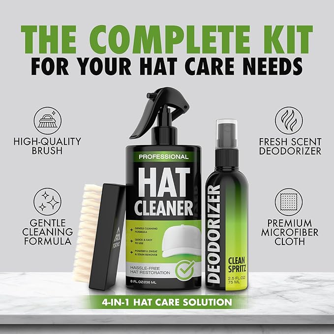 4-in-1 Professional Hat Cleaning Kit - Removes Dirt and Stains, Gentle Cleaner for Baseball Caps, Cowboy, and Felt Hats - Includes Hat Deodorizer, Brush, and Microfiber Cloth