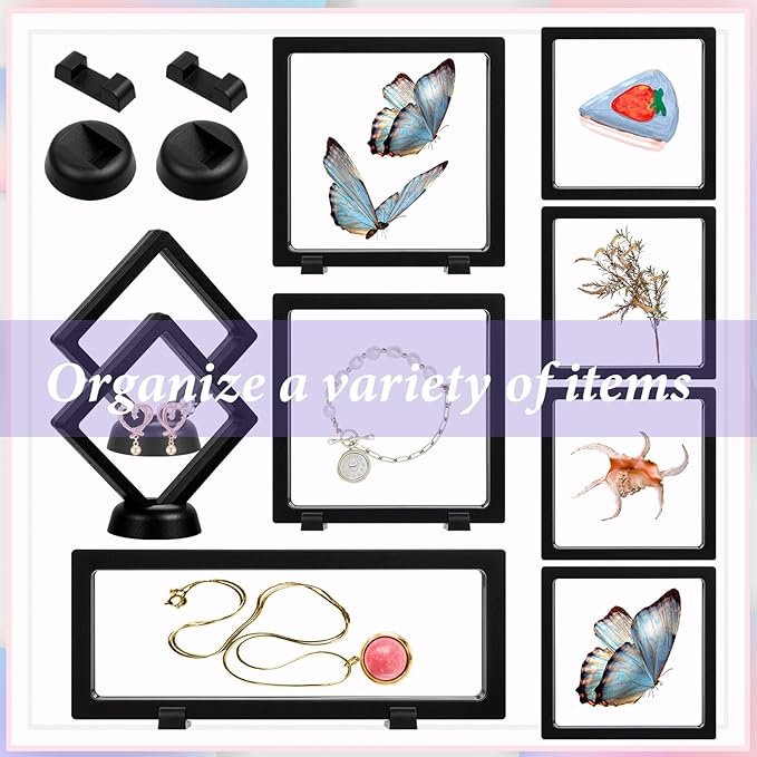 12 Pcs 3D Floating Display Case, 3 Sizes Black Challenge Coin Display Stand Rectangle Clear PE Film Jewelry Frame Holder Stands with Base for Jewelry, Specimen, Rock, Gem, Coin