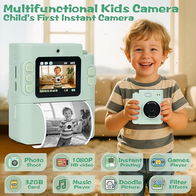 Kids Camera Instant Print, 1080P HD Dual-Lens Selfie Digital Camera with 5 Printing Paper Rolls & 32G TF Card, for Children, Portable Toddler Toy for Age 3-12 Boys & Girls (Mint Green)