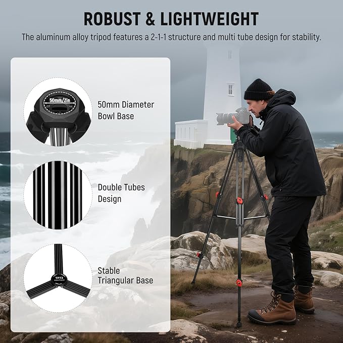 NEEWER Video Tripod with Fluid Head, Heavy Duty Aluminum Compact Portable Camera Tripod Stand for DSLR Camcorder Compatible with DJI Gimbals Compatible with Manfrotto QR Plates, Max Load 13.2 lb, TP73