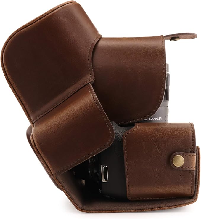 MegaGear MG1608 Ever Ready Leather Camera Case compatible with Canon EOS Rebel T7 (18-55mm), 2000D (18-55mm) - Dark Brown