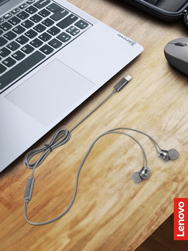 Lenovo - 300 Wired in-Ear USB-C Headphones - in-Line Microphone - USB-C Connectivity - Play & Pause Button - 3 Sizes Silicone Ear Tips Included, Grey