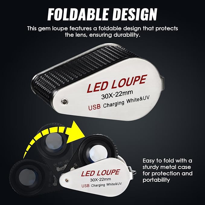 30x Jewelers Loupe Magnifier with UV & LED Lights, 22mm Triplet Lens Rechargeable Jewelers Loupe Foldable Jewelry Magnifier Portable Jewelry Magnifier Inspection Loupe for Gems, Jewelry, Coins, Rocks