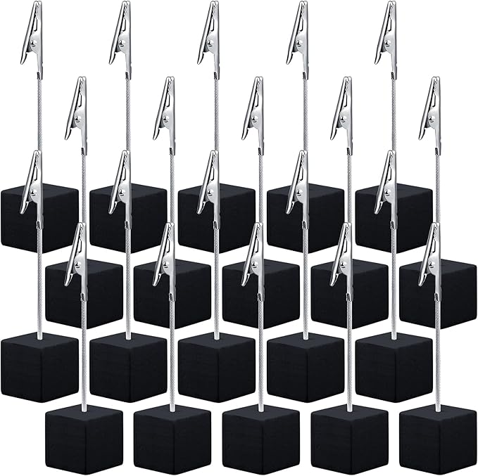Gersoniel 20 Pcs Cube Base Memo Clip Holder with Alligator Clip Wood Table Number Holder Cube Base Place Card Stand Mini Photo Menu Stand for Displaying Number Card (Black)
