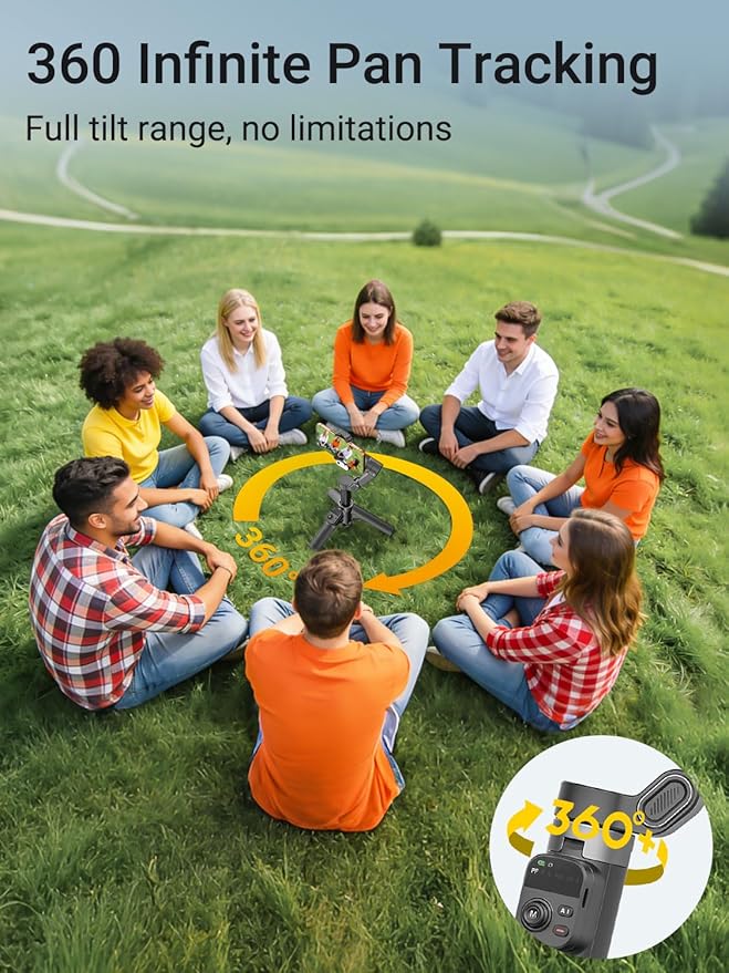 AOCHUAN AI Face Tracker Gimbal Stabilizer for iPhone w/Magnetic Remote, 360° Pan Rotation 3-Axis Gimbal for iPhone, Stabilizer w/Light, Built-in Extension Rod & One-Touch Open Tripod, Volg, Sport