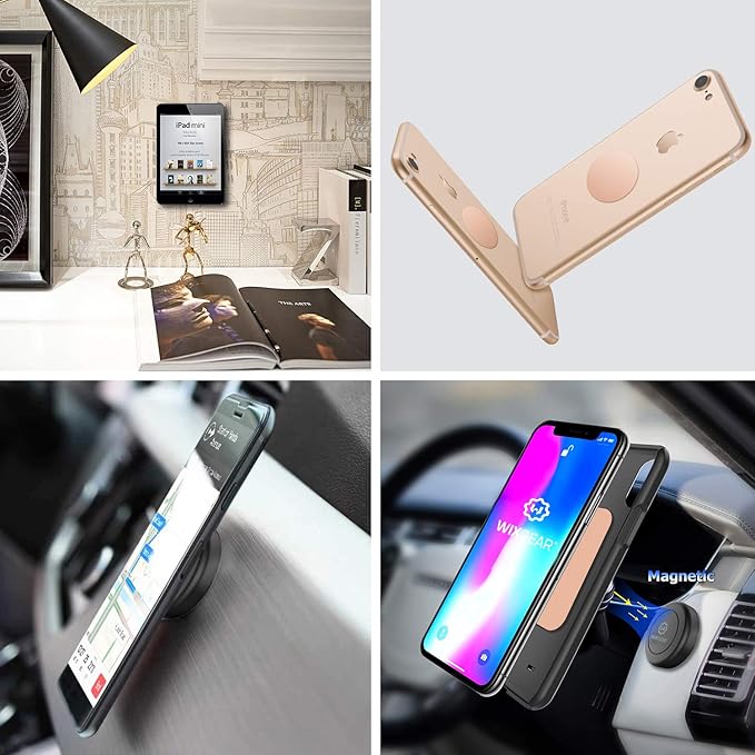 WixGear Mount Metal Plate with Adhesive for Magnetic Cradle-Less Mount -X4 Pack 2 Rectangle and 2 Round (Compatible with Magnetic mounts) (Gold)