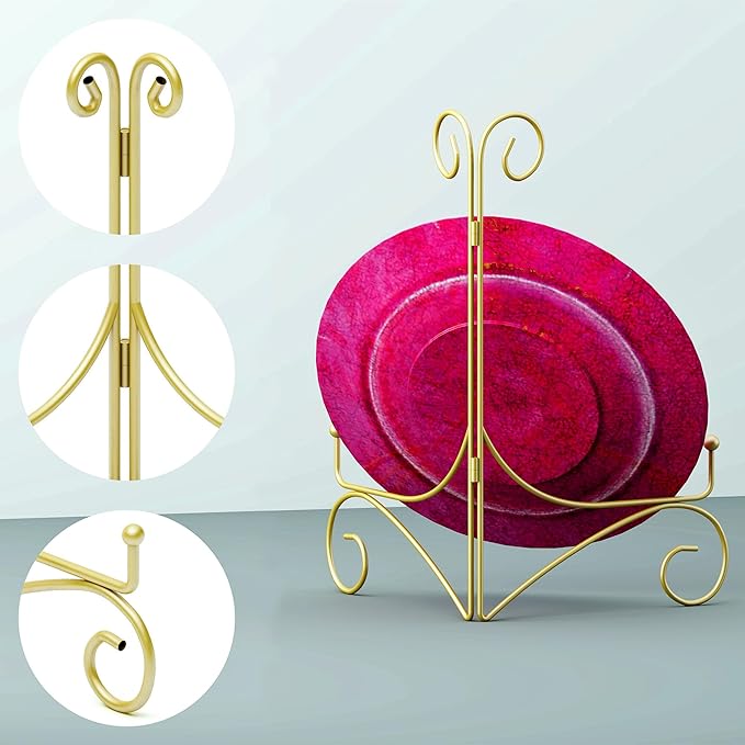 HEMYLU Plate Display Stands with Hinged Folding Design, 8 Inch Picture Frame Stand for Tables, Decorative Easels for Plates, Photos, Cards and Books, 8’’ Gold