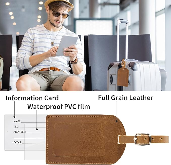 Ringsun Genuine Leather Luggage Tag for Suitcases ID Tags Bag Tags for Luggage (4 Pack)