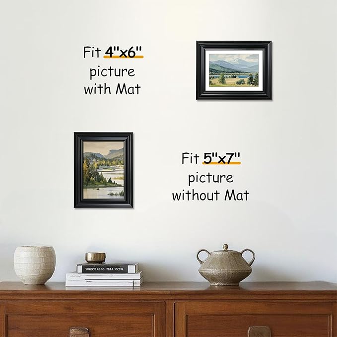 VIOLABBEY 5x7 Picture Frame Black, Photo Frames, Fits Pictures 4x6 with Mat or 5 x 7 without Mat, Vintage Display for Tabletop and Wall