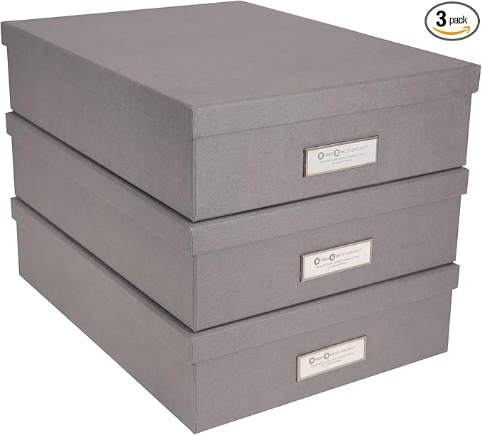Bigso Box of Sweden Oskar Fiberboard Label Frame Document Letter Box | File Organizer for Important Paperwork with a Lid & Label Window | 3.3"x10.2"x13.8" | 3 Pack | Grey
