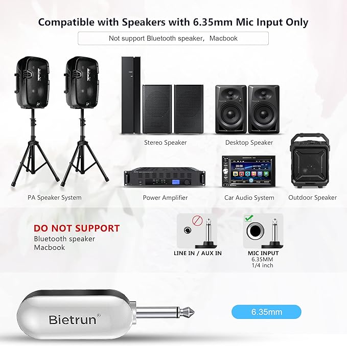 Bietrun UHF Wireless Microphone Headset, 165ft Range, Working Time 6H, 1/4''Plug, Wireless Headset Mic ＆Handheld Mic 2 in 1, for Karaoke Speaker, Amplifier, Speakers, PA System, Teaching, Fitness