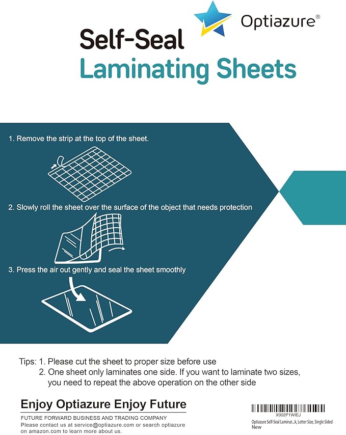 Optiazure Self-Seal Laminating Sheets 9.1"x11.8" Inches, 3mil 50Pack, Letter Size, Single Sided