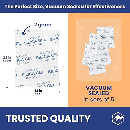 Wallaby 2 gram (20 Packets) Food Safe Pure White Silica Gel Desiccant Dehumidifier Packs - Rechargeable & Coated Moisture Absorbers - Protects Against Moisture Damage - (Packed in 10x Sets of 2)
