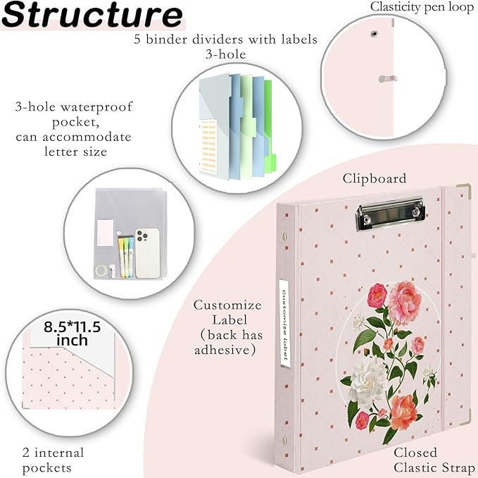 Etzul 3 Ring Binder 1 inch with Clipboard - Soft Pink Floral Design, Includes Dividers, File Bag & Spine Label - Perfect for Students, Teachers, and Professionals, Holographic Waterproof Film