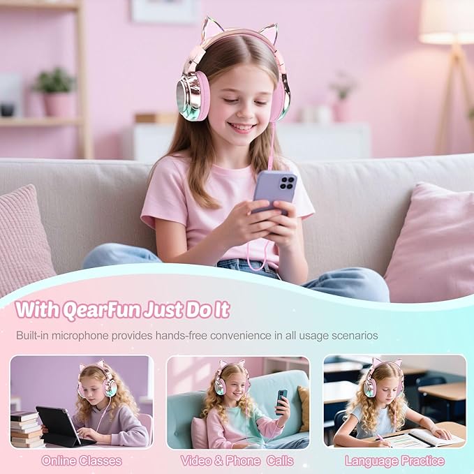 QearFun Kids Cat Ear Headphones with USB C for Girls with Microphone, 85/94dB Safe Volume Limiter, Tangle-Free Cord, Share Port, Foldable Sparkly Wired Headset for School, Travel, Tablet, iPad