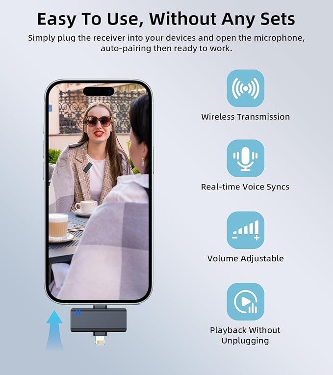 Wireless Microphones for Video Recording - Noise Canceling Mini Lav Mics for iPhone, 3-Level Gain Control, 35H Battery - Phone Microphone for YouTube, TikTok Live-streaming, Podcast, Vlogging