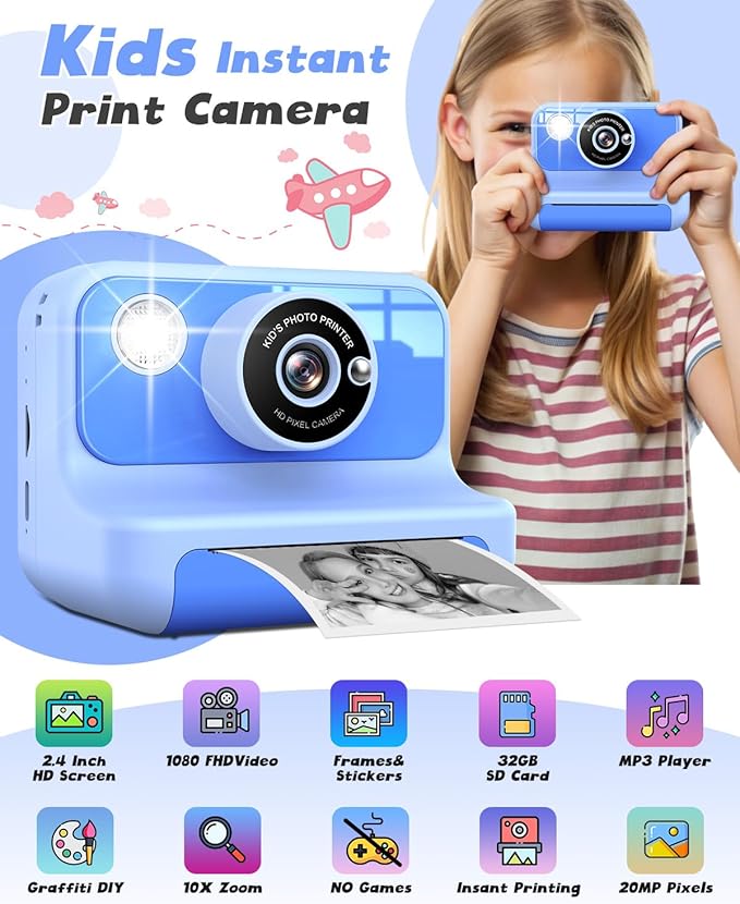 Instant Print Camera for Kids, 1080P Digital Video Cameras, Christmas Birthday Gifts Toys for Age 3-12, Toddler Camera for 4 5 6 7 8 9 10 Year Old Boys - Blue