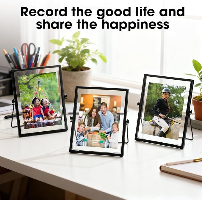 Amyhill Set of 6 Metal Picture Frames Vintage Minimal Ornate Floating Frames 4 x 6 Inches Photo Antique Easel Stand Vertical Glass Holder for Pictures Photos Desk Tabletop Display(Black)