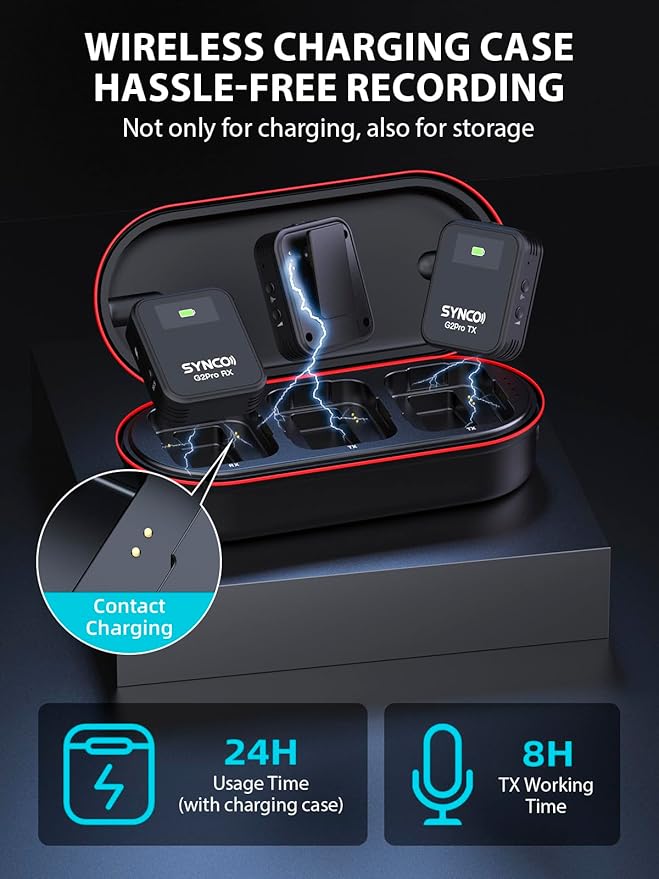SYNCO G2(A2) Pro Dual Wireless Lavalier Mic with Charging Case 48KHz 24Bit for Vlogging Live Streaming Interviews Lapel Microphone 656FT for Camera Smartphone Tablet