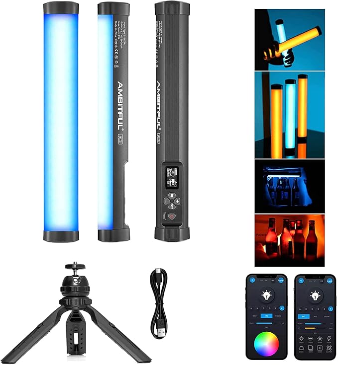 AMBITFUL A2 RGB LED Light Wand -Full Color Magnetic Video Light Stick,Handheld Tube Light with 29 Effects, 2500-8500K, 2500mAh, CRI 95+ for Photography, YouTube, TikTok (A2+Desktop Tripod)