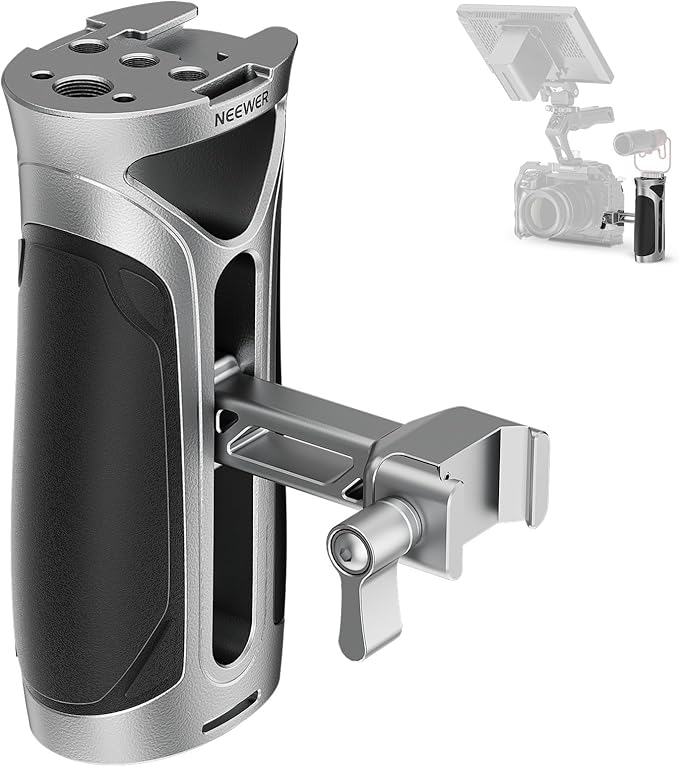 NEEWER Side Handle with NATO Clamp, Aluminum Alloy Quick Release Side Handgrip with 1/4" & 3/8" Threads, Cold Shoe, 2"/5cm Vertical Adjustment, Compatible with SmallRig Camera Cage, Silver, CA125