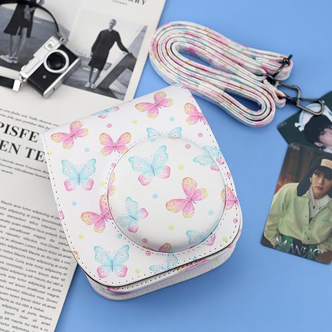 Frankmate Protective Case Fit for Fujifilm Instax Mini 12 11 9 8 Camera, PU Leather Camera Bag with Pocket and Adjustable Shoulder Strap (Pink Butterfly)