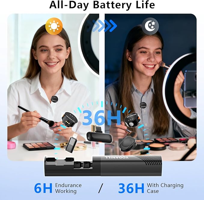 Wireless lavalier Microphone，Mini Microphone AI Noise Cancel Vocal Type-C & Lightning Plug-Play 36H with Sound Modules Charging Case,165ft Clip-on Processors Lapel Mic for All Iphone,Android,Tablet