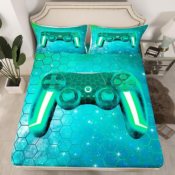 Gaming Sheet Sets for Boys King Size Gamer Bedding Green Gradient Honeycomb Hexagon Print Flat Sheet Video Games Fitted Sheet 3 Pcs Modern Soft Microfiber All Season Machine Washable Bed Sheet