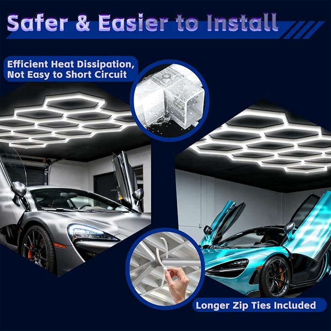 Hexagon Lights Garage LED System 14 Grid, 538W 64500LM Super Bright Hexagon Garage Lights for Workshop, Car Detailing, Basement, Warehouse, Gym – Easy Install Honeycomb Design
