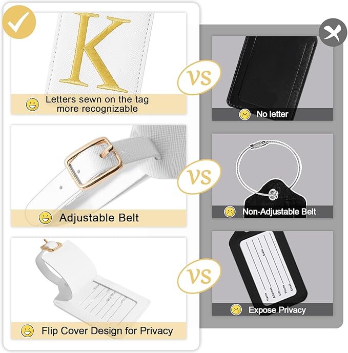 Personalized Initial Luggage Tags for Suitcases, Cute PU Leather Embroidered Letter Travel Luggage Tags, Suitcase Identifier Name Baggage Tag, Bag Tags for Men Women Kids Luggage Handbags(White K)