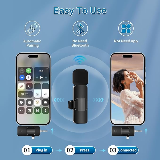 Wireless Lavalier Microphone for iPhone & Android & iPad & Camera - 2 Pack 3 in 1 Mini Microphones with Noise Reduction Lapel Mic for Live Stream Content Creators Podcast
