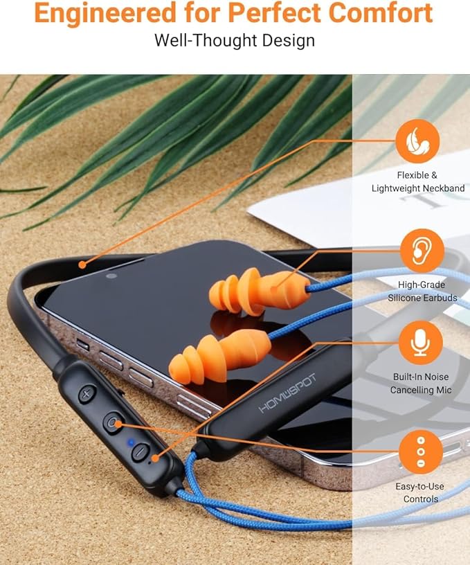 HomeSpot Noise Reduction Wireless Neckband Headphones with Qualcomm aptX HD, 27dB NRR, CVC Noise Cancelling Mic & Controls, 20H Playtime for Work Safety OSHA Compliant - Gray Wire Yellow Earbuds