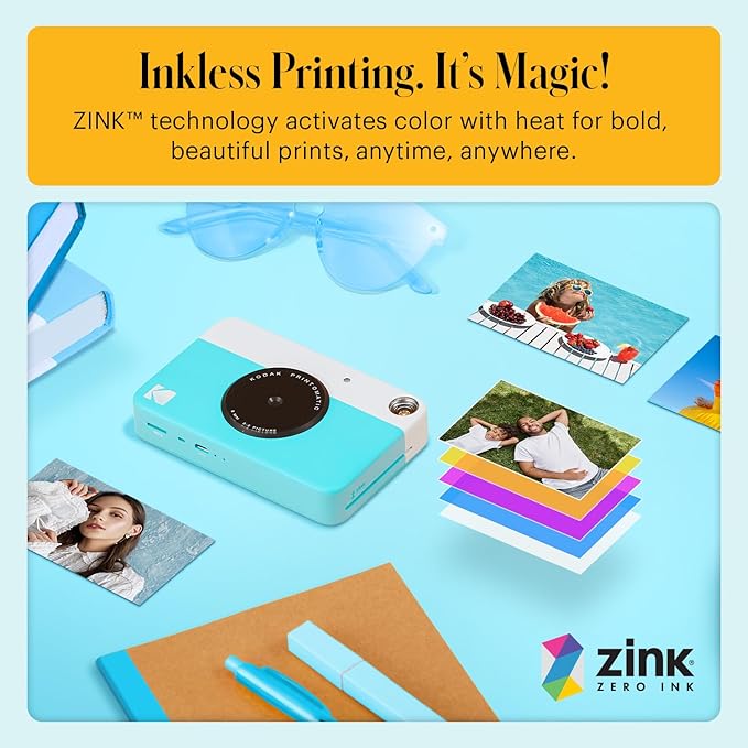 KODAK Printomatic Full-Color Instant Print Digital Camera Colorful Photos On Zink 2x3" Sticky-Back Photo Paper 5MP Gift Bundle: Case + Zink 2x3" 20pk + Album + Stickers + Frames + Markers - Blue