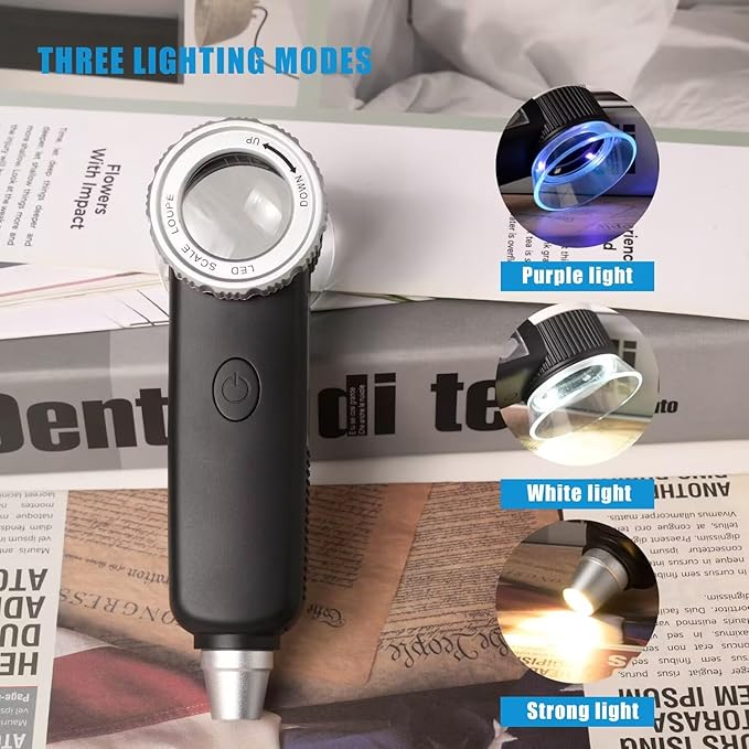 Amoper 30X Jewelry Loupe with 7 Light, USB Rechargeable Foldable Handheld Magnifying Glass with Jade Appraisal Flashlight for Jewelry Appraisal, Coins, Gemstones