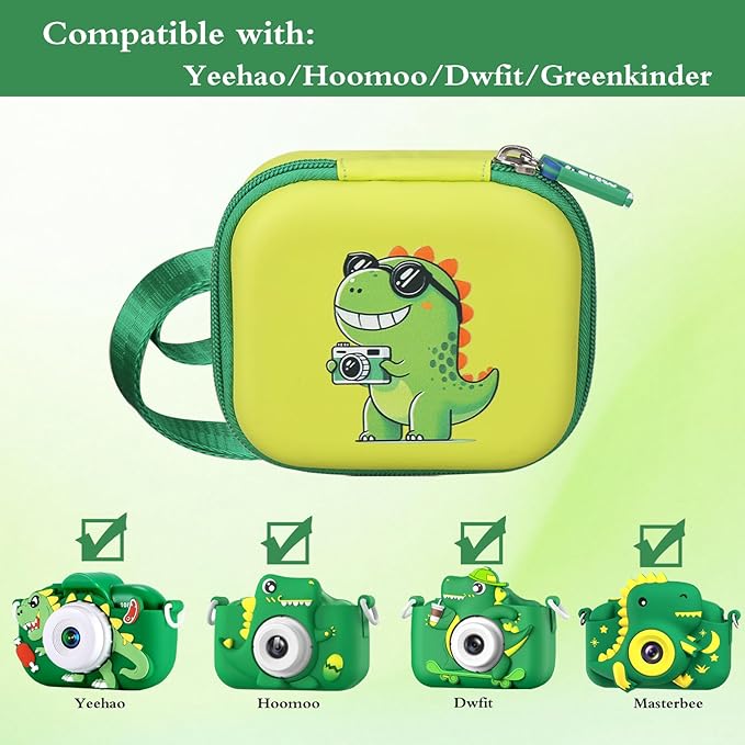 worfty Kids Camera Case Compatible with YEEHAO/Goopow/Hangrui/Masterbee/OUTUVAS/GKTZ Digital Video Camera Toys Camcorder Storage Holder Carrying - Green Dinosaur(Case Only) (Green dinosaur)