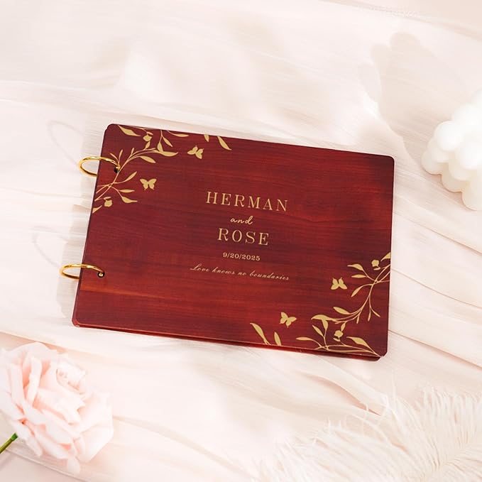 Custom Wedding Scrapbook Album, Personalized Wooden Wedding Photo Album Carved Flowers and Names, Anniversary Scrapbook Birthday Engagement Keepsake Gifts